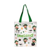 Tote bag with 'Ireland' text and green shamrock pattern on a white background