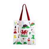 Tote bag with Welsh flag design and red handle on a white background