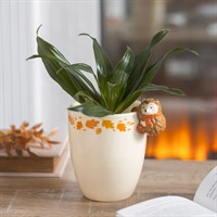 Potted plant with a decorative owl on a table in front of a fireplace