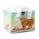 Insulated lunch bag with a highland cow design on a white background