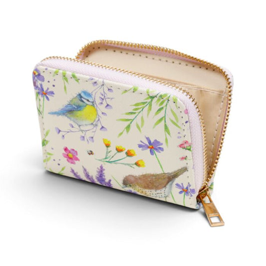 Small pouch with bird and floral design on a white background