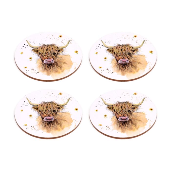 Four coasters with highland cow designs on a white background