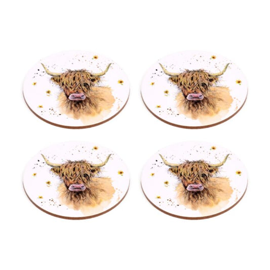 Four coasters with highland cow designs on a white background