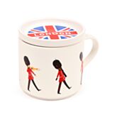 Mug with Union Jack coaster lid featuring 'London' text and illustrations of guards on a white background