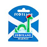 Scotland magnet with the Loch ness monster design on a blue and white background
