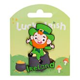 Leprechaun figurine with green hat and pot of gold on a green card with 'Luck o' the Irish' text.