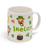 White mug with colorful designs and 'Ireland' text on a white background