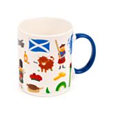 Mug with Scottish-themed illustrations including a flag, tartan pattern, and animals on a white background.