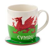 Mug with Welsh flag design and 'Cymru' text on a white background
