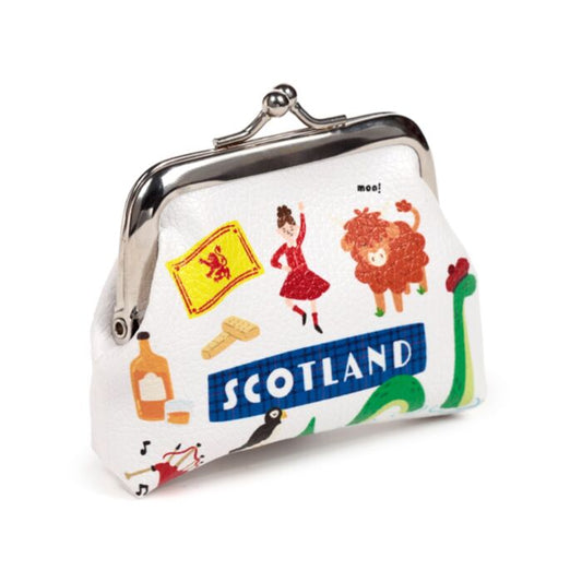 Small coin purse with Scottish-themed illustrations on a white background