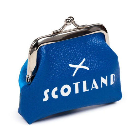 Blue purse with 'Scotland' text and white cross on a white background