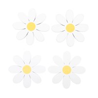 Four white daisies with yellow centers on a white background