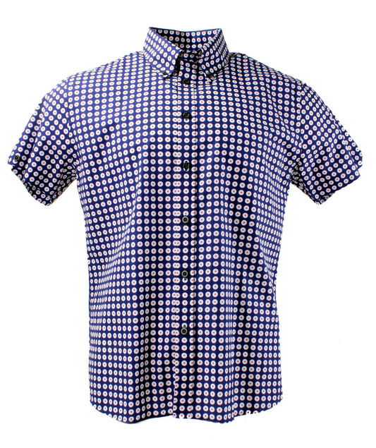 Blue and white mod target pattern shirt on a white background