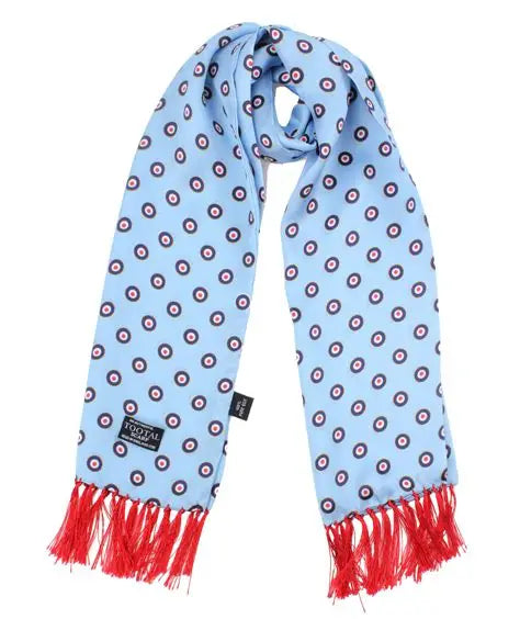 Light blue scarf with red fringe and target pattern on a white background